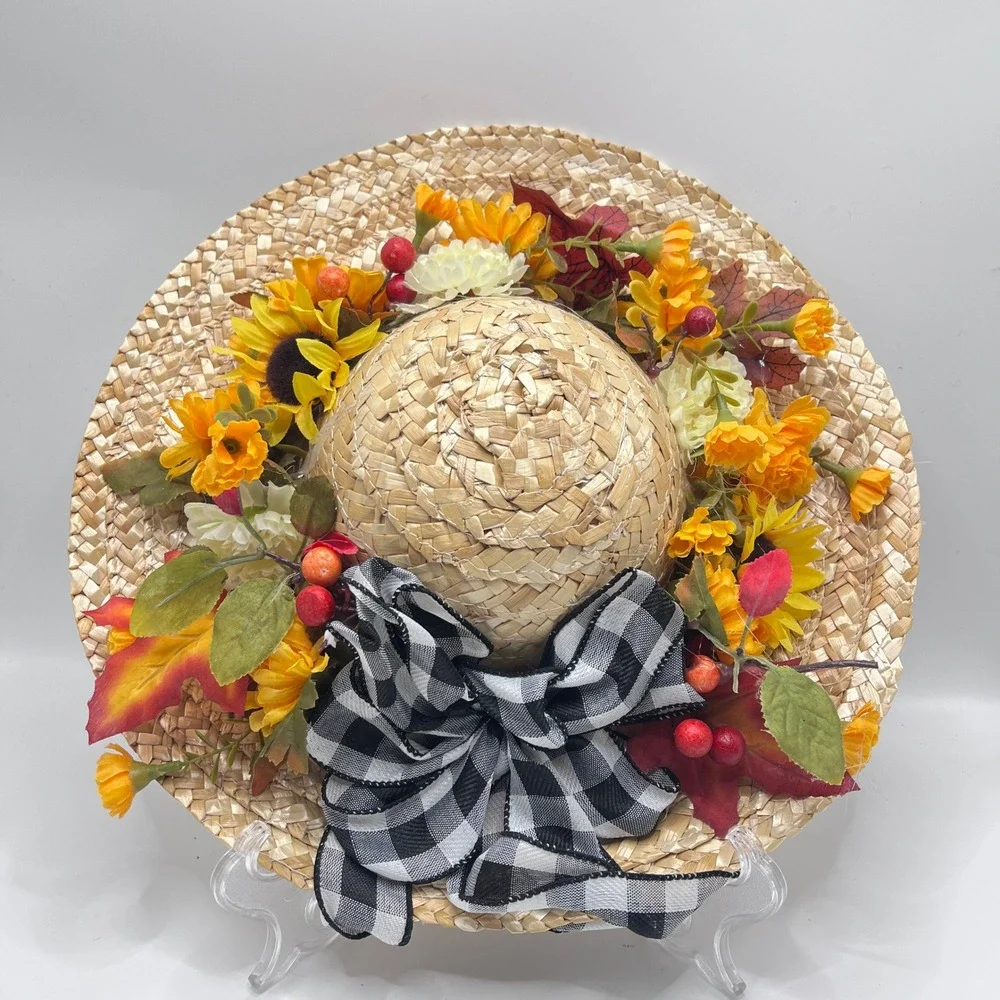 Set of 3 Seasonal Straw Hat Wreaths Floral Wall Decor Hanging Front Door Decor